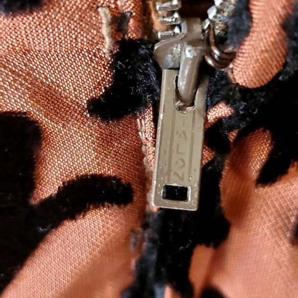 50s Cocktail Dress Cut Velvet Floral Copper Vintage I Magnin Modelique 24" Waist - Picture 6 of 14